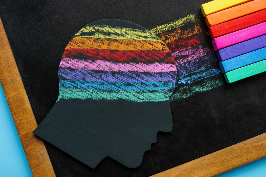 Neurodiversity concept. The figurine of the head is painted with colored crayons.